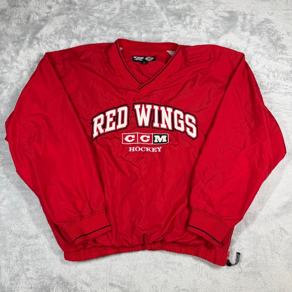 VTG CCM Detroit Red Wings M Red Windbreaker V-Neck Pullover Jacket Lined Pockets